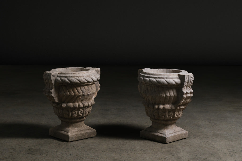Pair of Cast Stone Garden Planter Urns, c. 1900