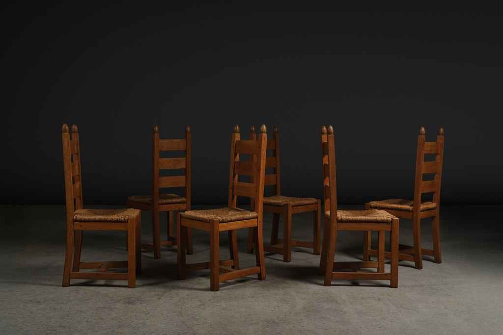 Set of 6 Dutch Oak & Rush Dining Chairs, c. 1970s