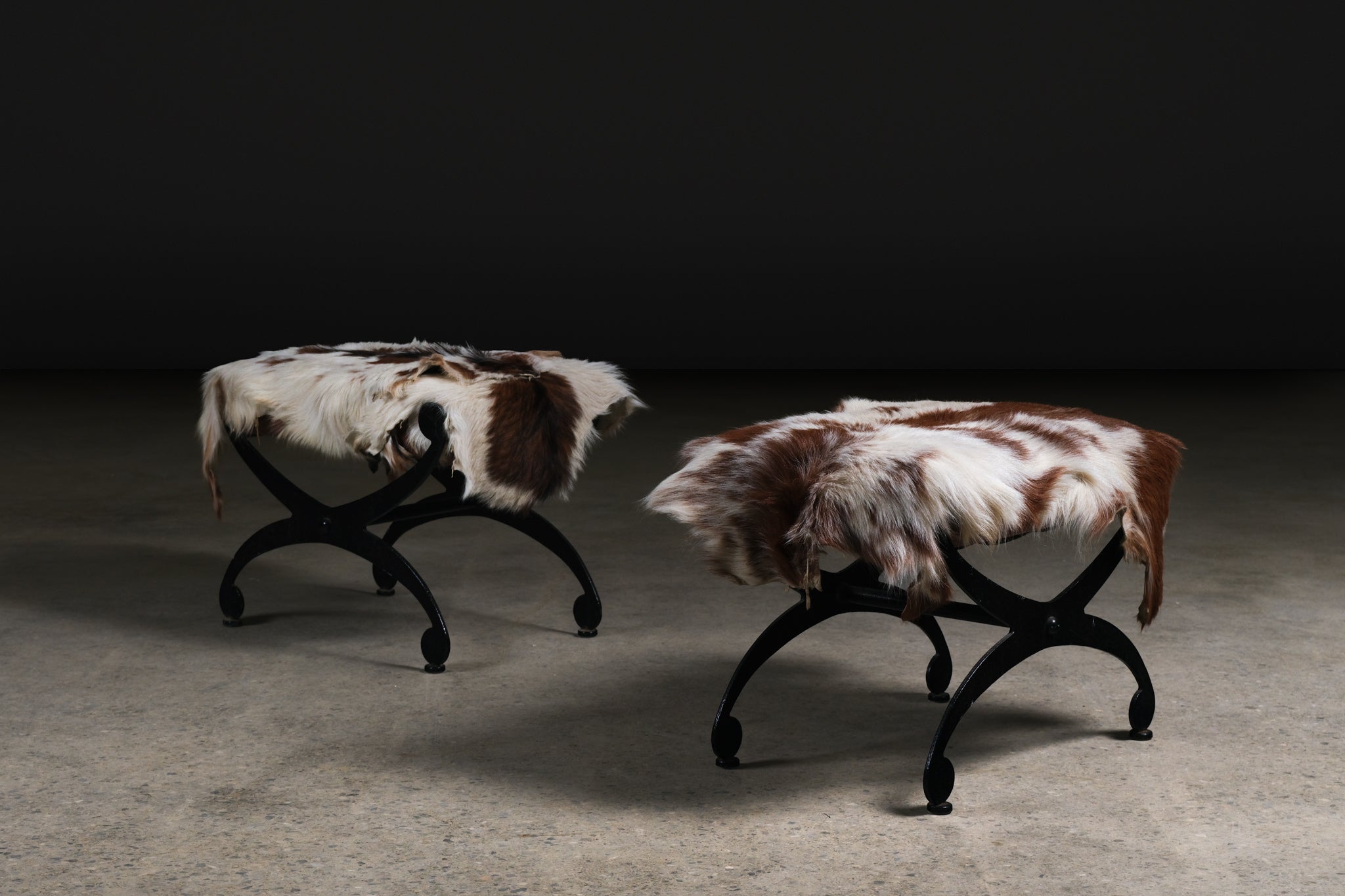 Pair of Iron Stools with Cowhide Covers, c. 1950