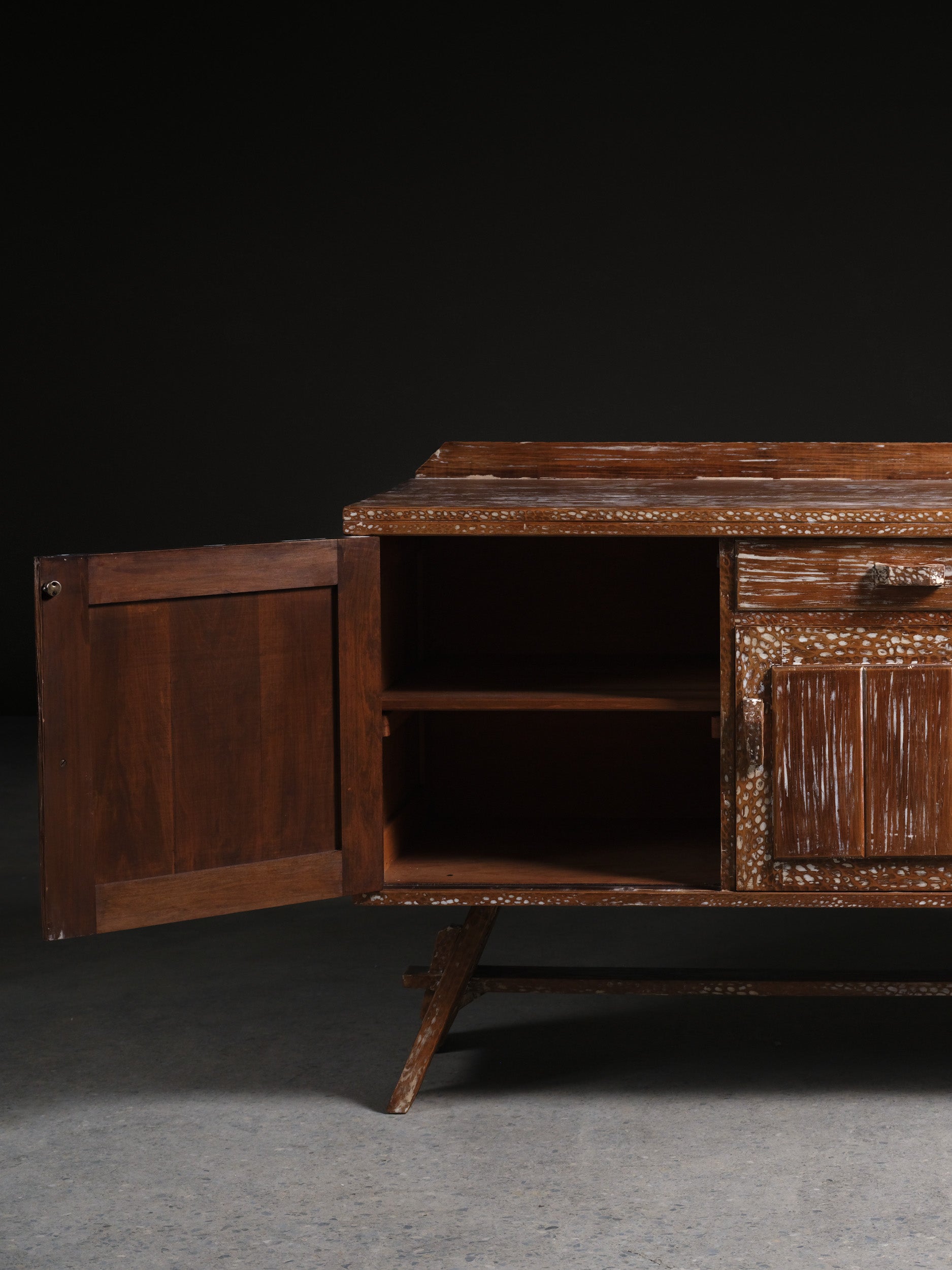 Cerused Gouge-Carved Oak Sideboard, c. 1945