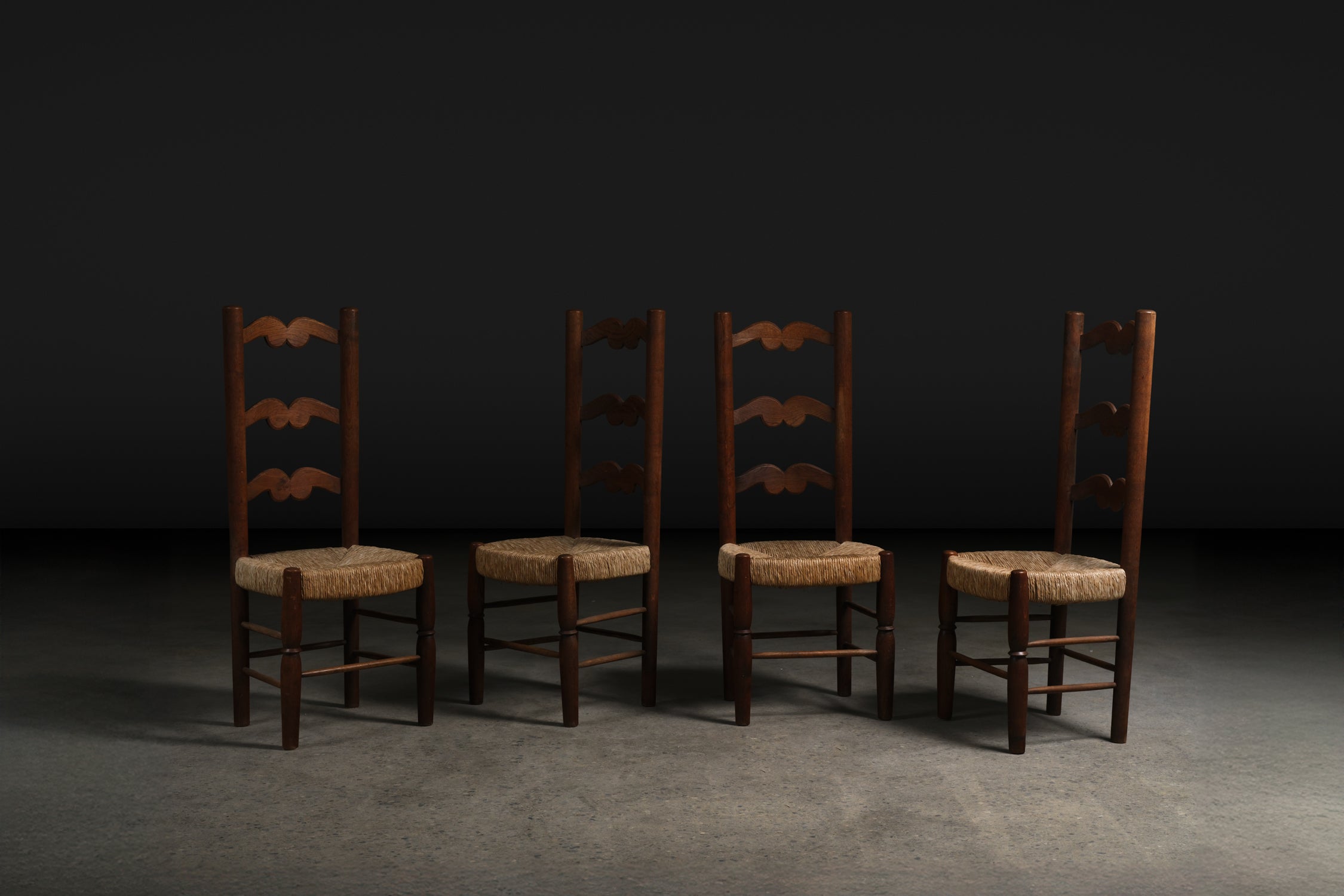 Four Ladder-Back Chairs in Woven Rush, c. 1950